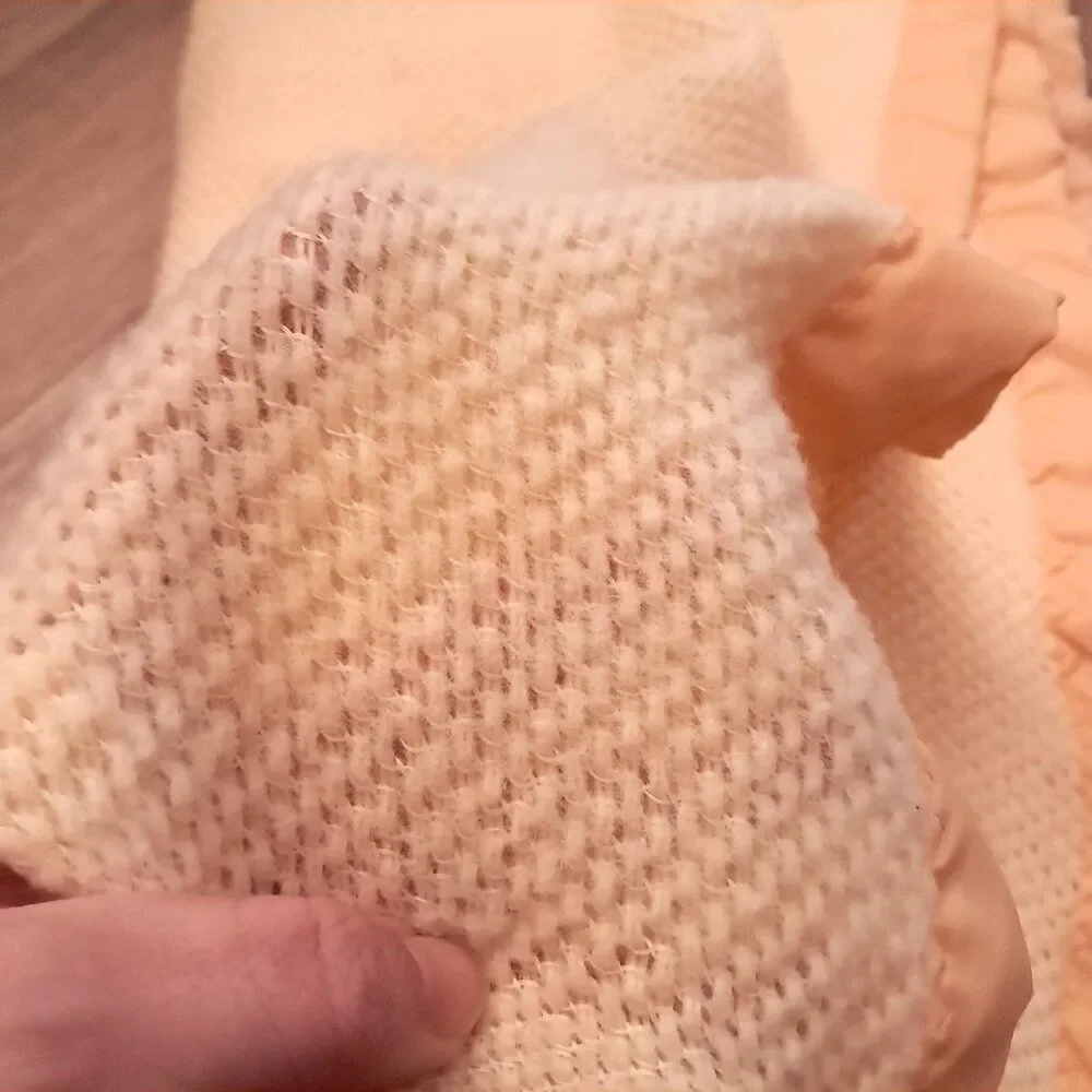 Vintage Chatham blanket waffle weave satin trim peach orange yellow pastel USA‎